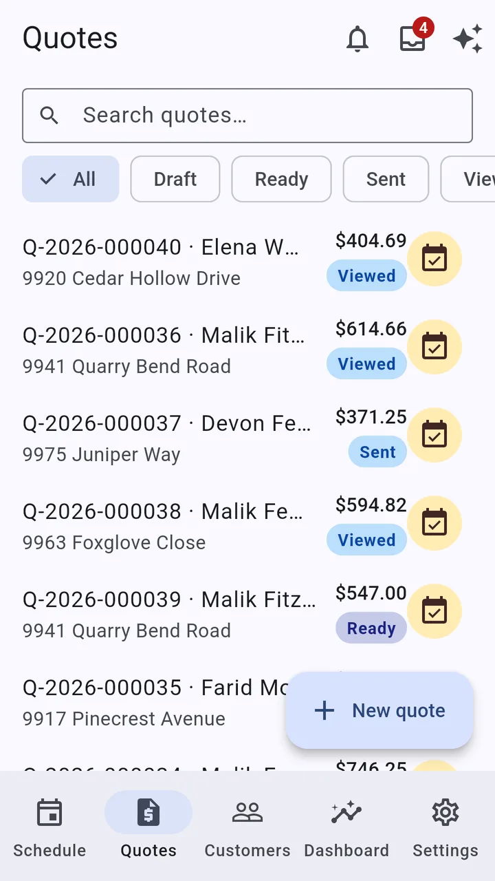 The quotes list on an Android phone, with search, status filters and rows showing the quote number, customer, address, total and status