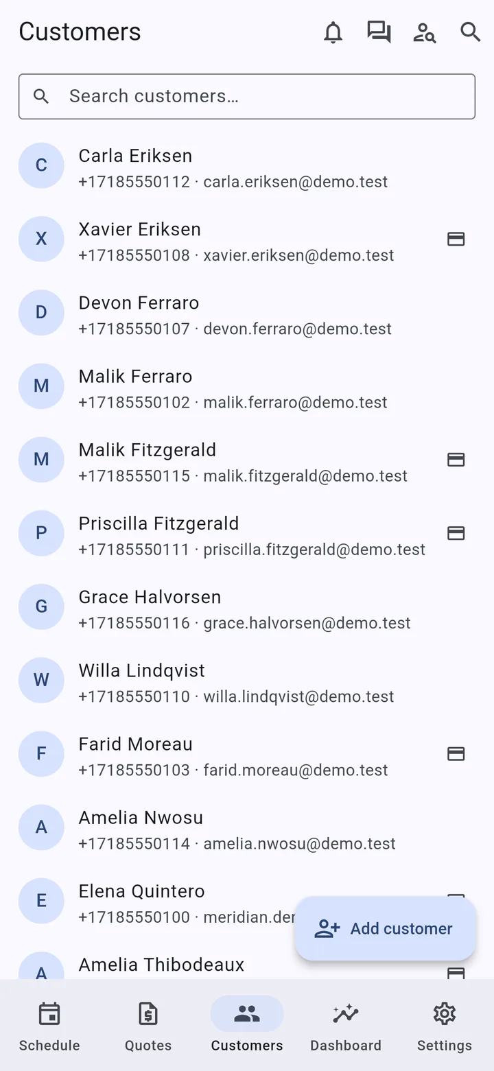 The customer list on an iPhone, searchable, with each customer’s phone number and email