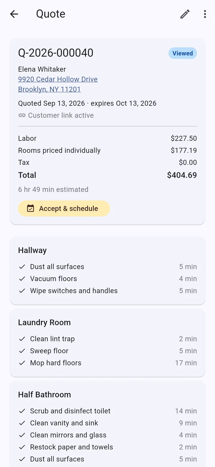 A quote on an iPhone the customer has opened but not yet accepted, showing the total, the estimated time, an Accept and schedule button and the tasks room by room