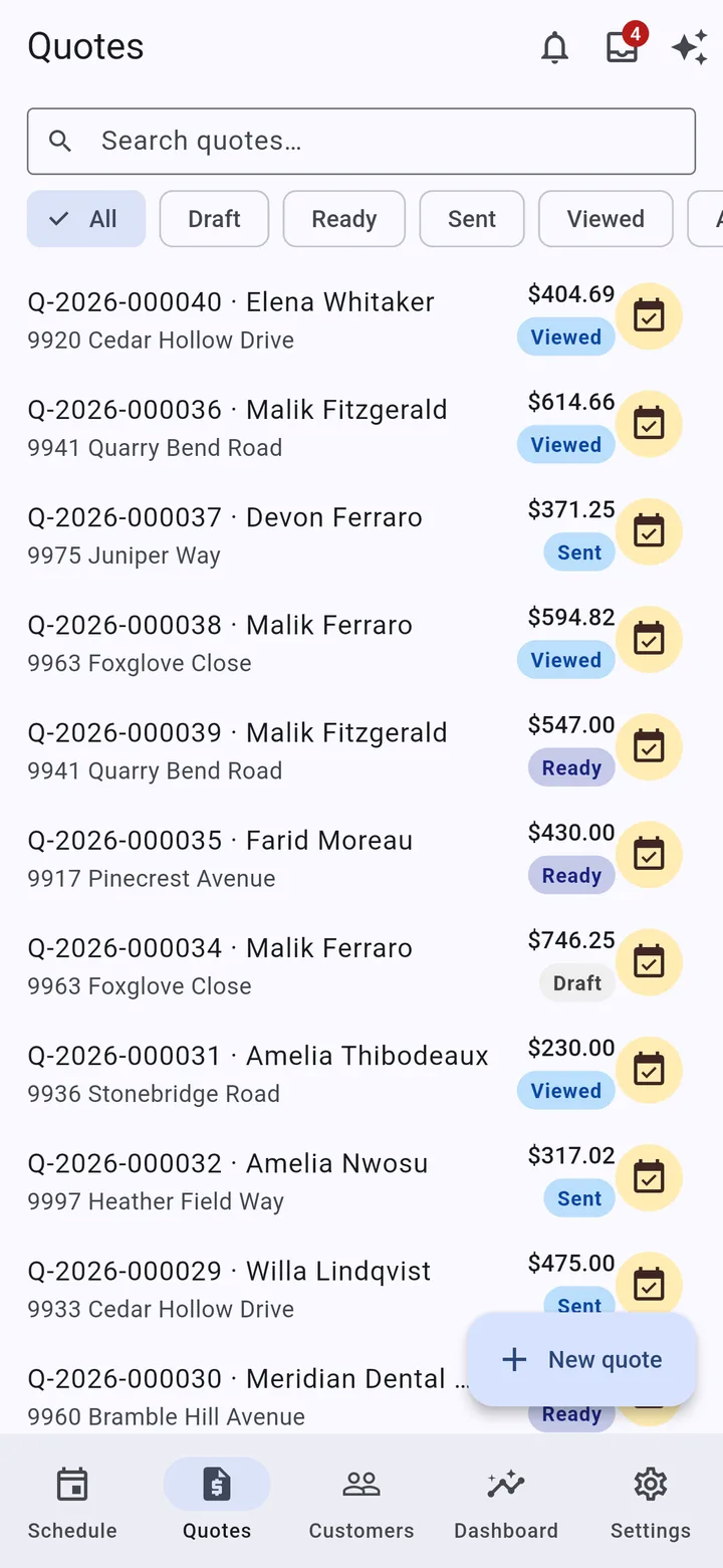 The quotes list on an iPhone, with search, status filters and rows showing the quote number, customer, address, total and status