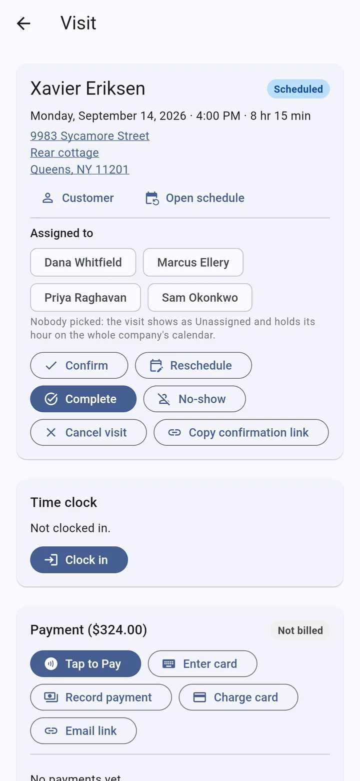 A visit on an iPhone, with the customer, the time clock not yet started, and a payment panel offering Tap to Pay, Enter card, Record payment, Charge card and Email link