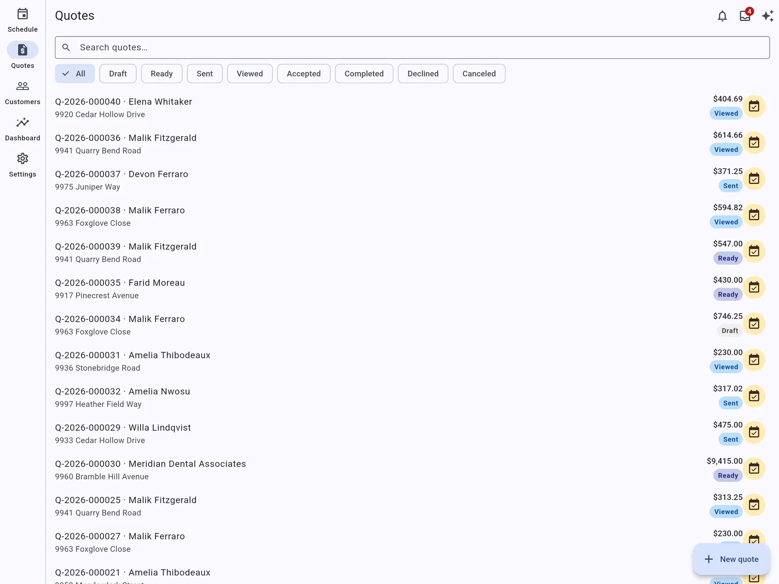 The quotes list on an iPad in landscape, with the tabs drawn as a rail down the left-hand side