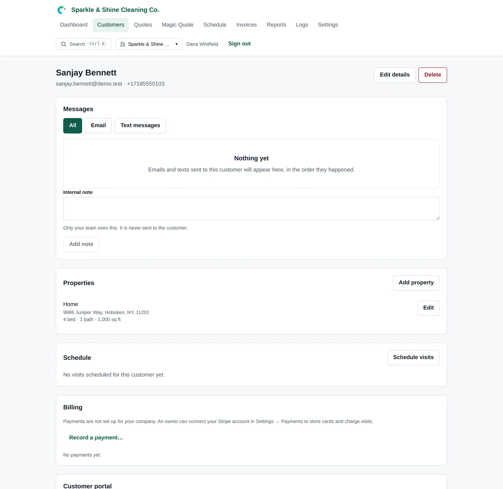 A customer’s page, with their properties, quotes, visits and payment history