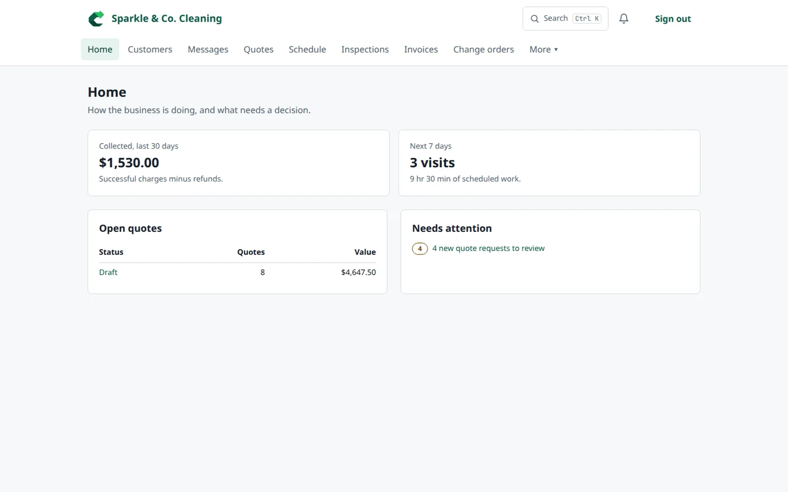 BlastoClean dashboard showing money collected, open quotes, and upcoming visits
