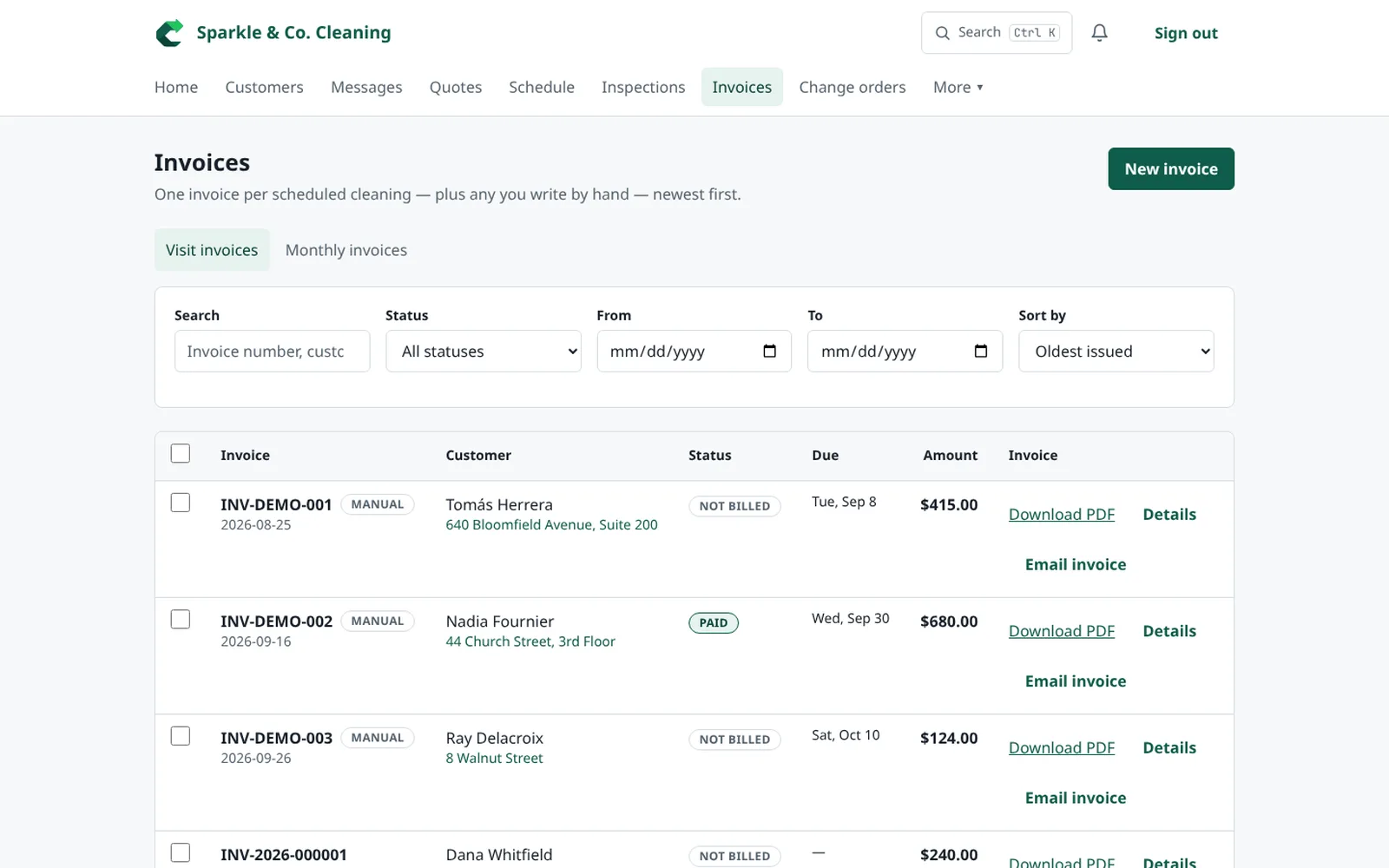 BlastoClean invoices with paid and not-billed cleaning jobs