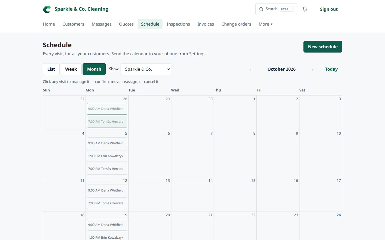 BlastoClean schedule showing a month of cleaning visits