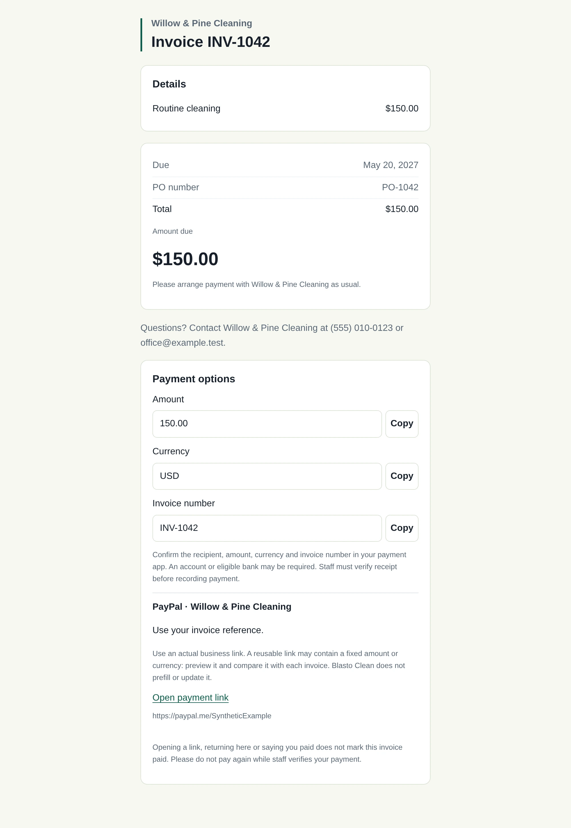 Customer browser page: Invoice payment options, with synthetic records.