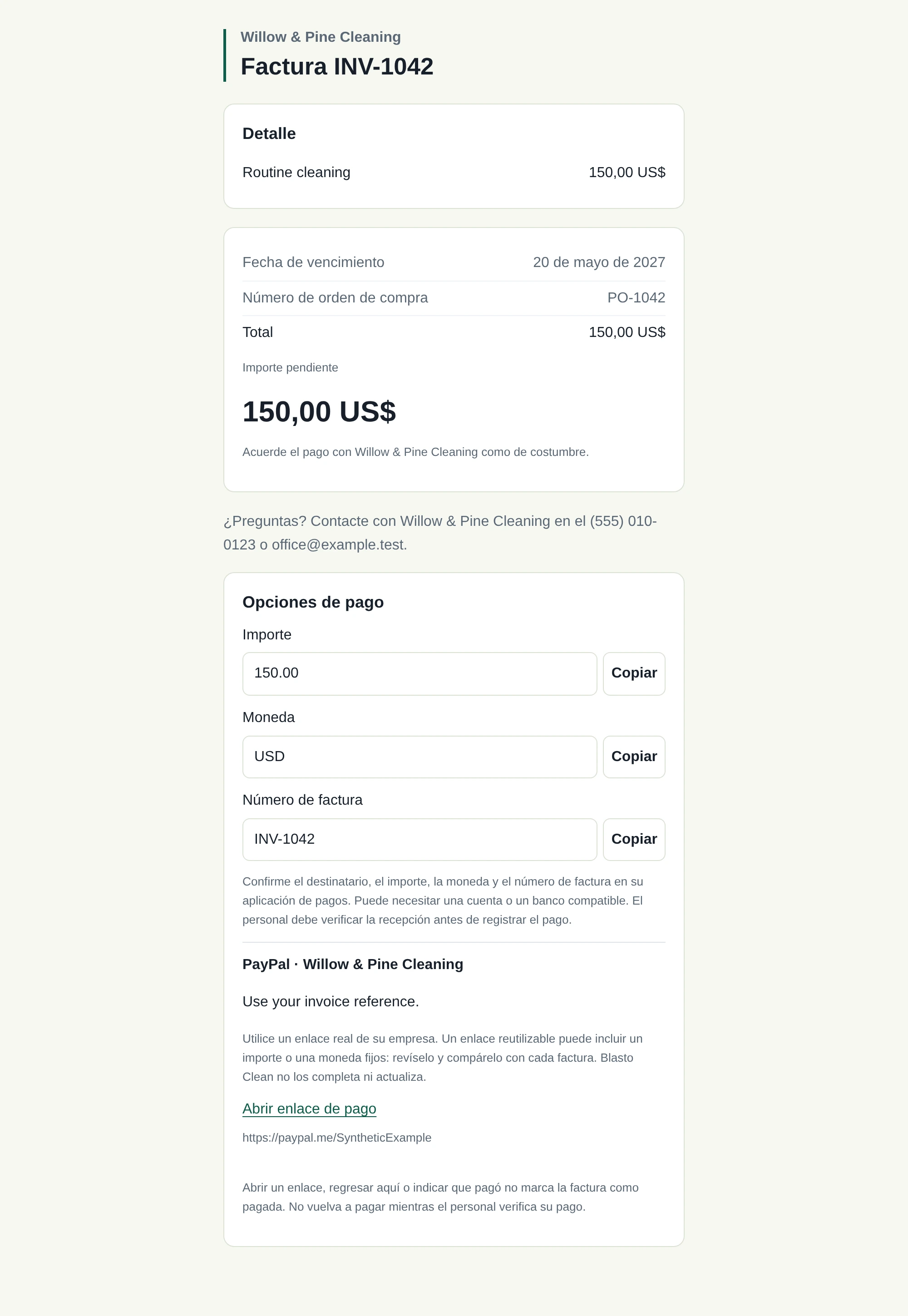 Página del cliente en el navegador: Opciones de pago de facturas, con datos de ejemplo.