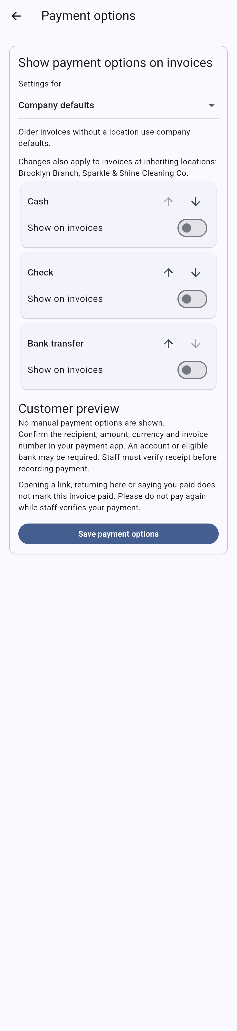 Native UI preview: Invoice payment options with synthetic records.
