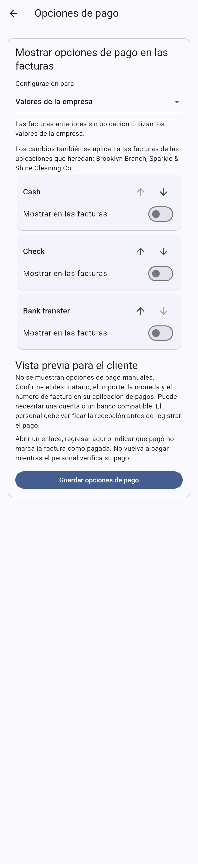 Vista previa de la interfaz nativa: Opciones de pago de facturas, con datos de ejemplo.