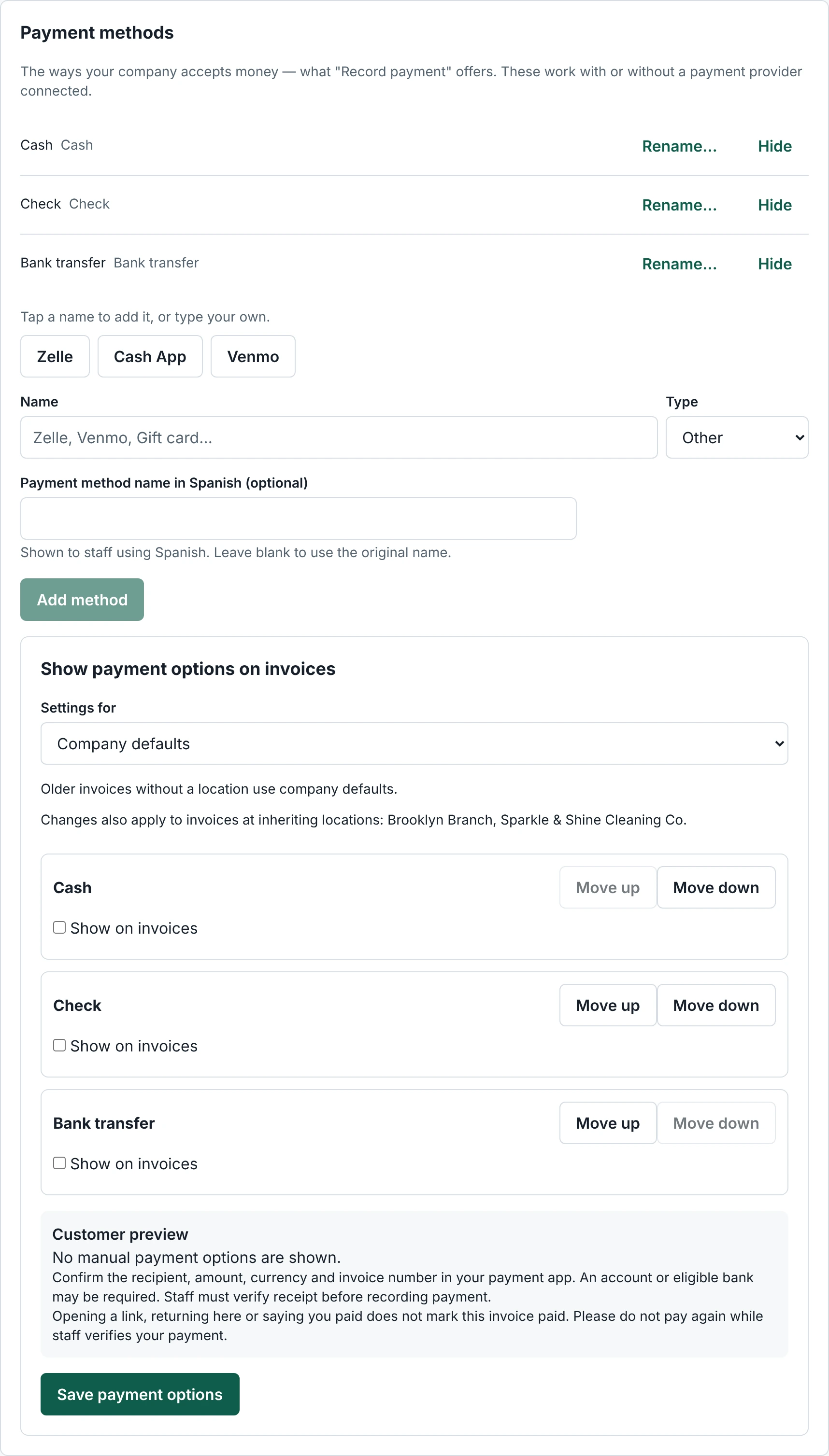 Web app: Invoice payment options, with synthetic records.