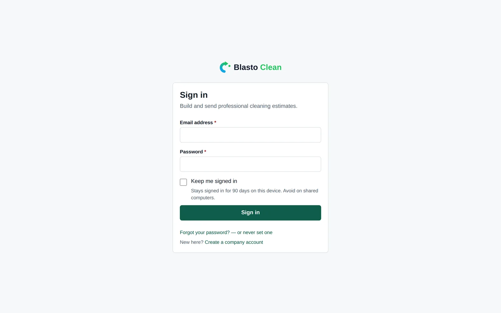 The BlastoClean sign-in screen, with email and password fields and buttons to continue with Google, Microsoft or Facebook