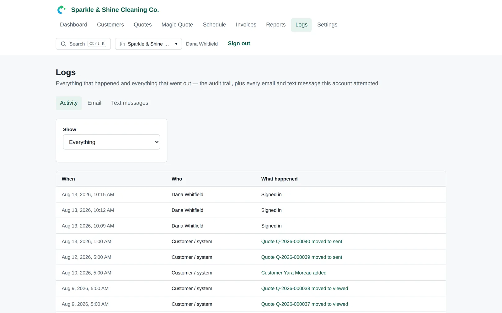 The activity and message log