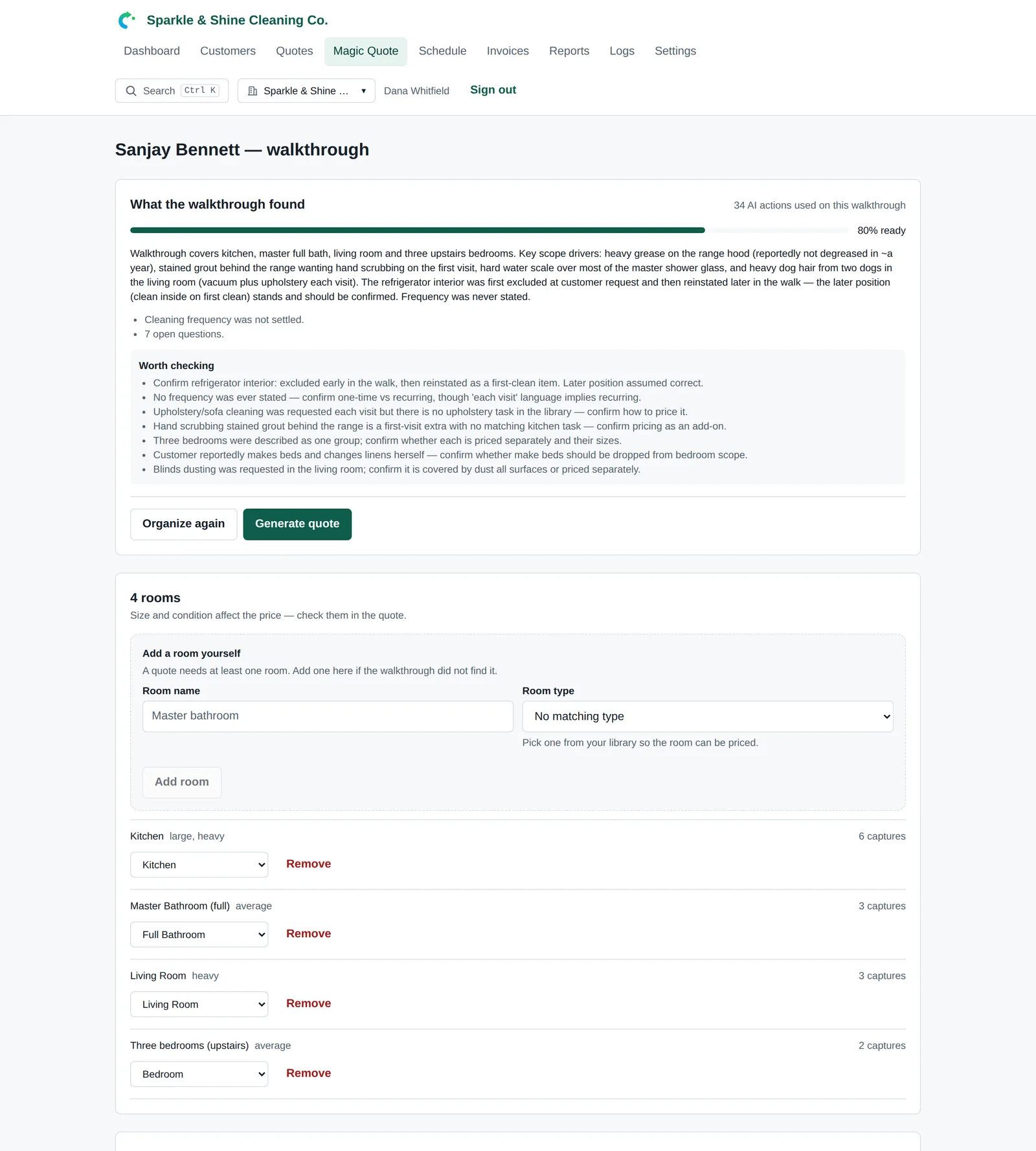 The review screen: a readiness score, a summary of what the walkthrough found, a list of things worth checking, and the rooms it picked out