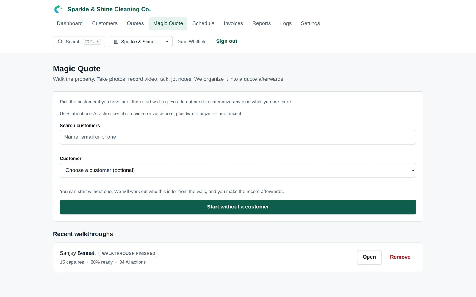 The Magic Quote screen in the web app, listing recent walkthroughs