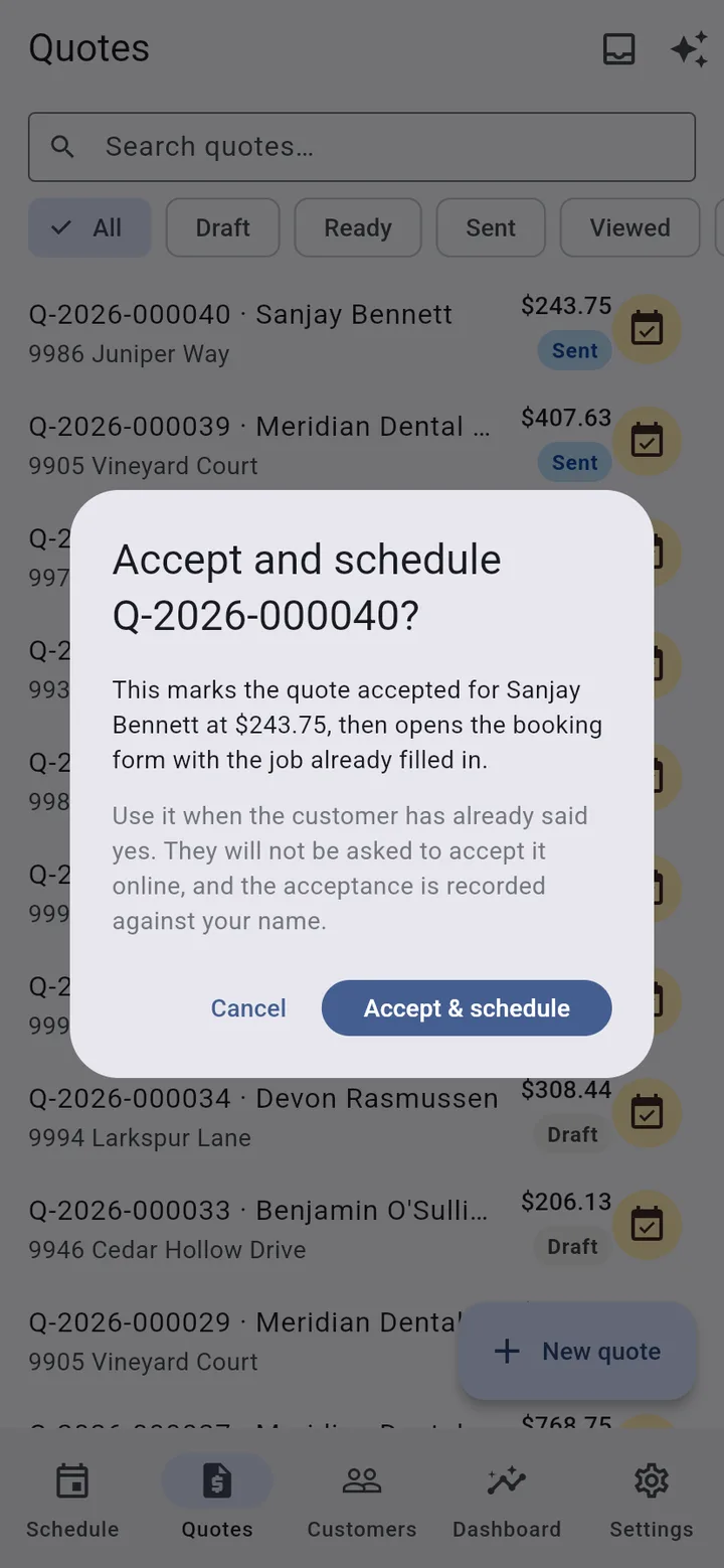 The mobile app asking to confirm accepting a quote on the customer’s behalf and opening the booking form
