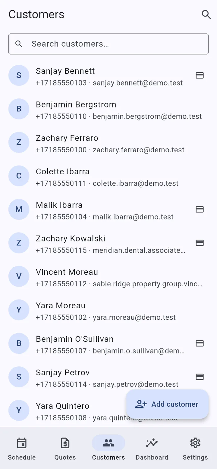 The customers list in the mobile app