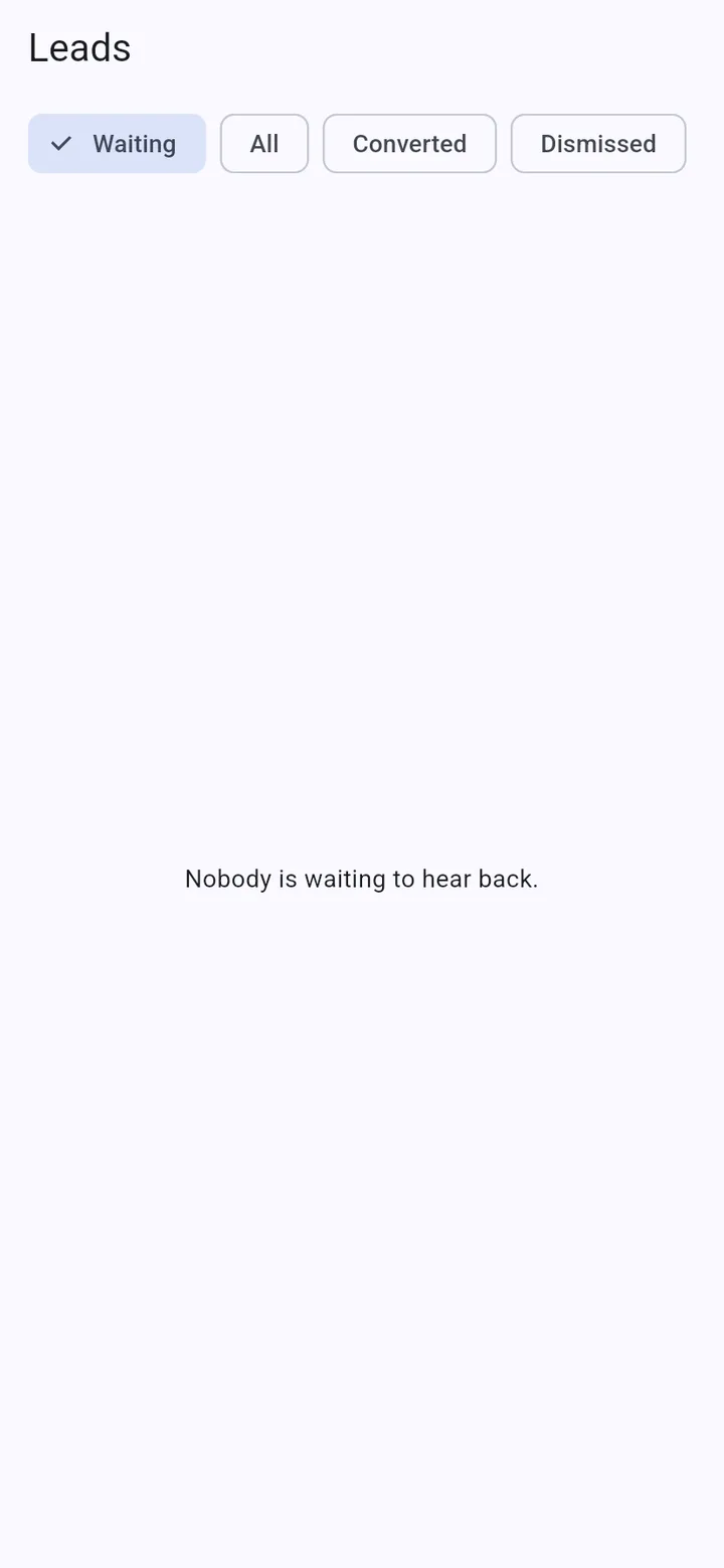The leads inbox in the mobile app