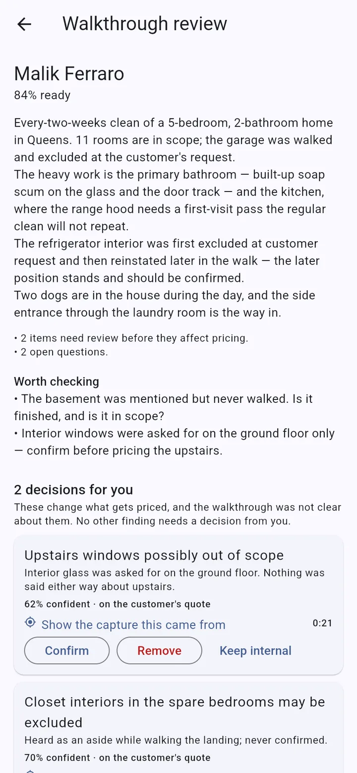 The walkthrough review in the app: the summary written from the walk, a Worth checking list, and two decisions each offering Confirm, Remove or Keep internal