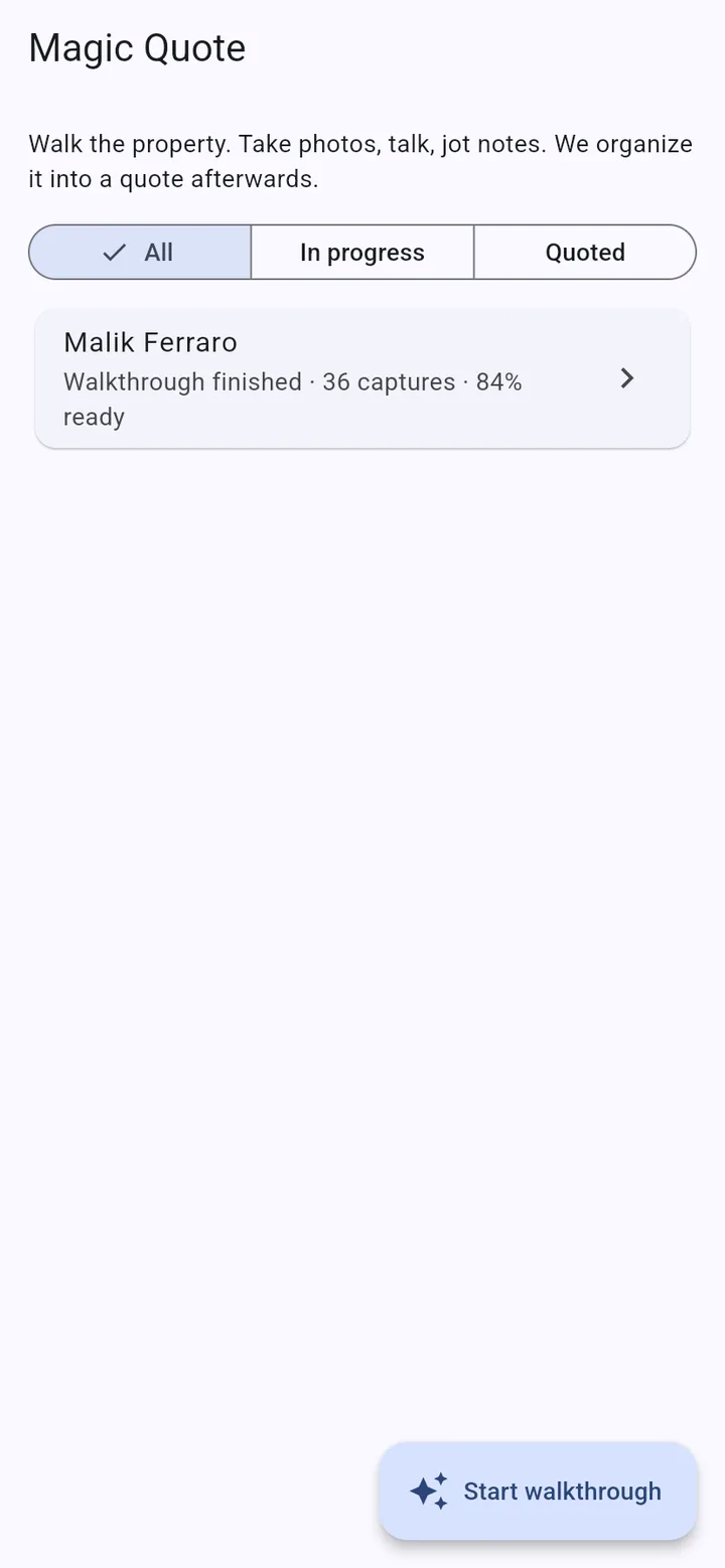 The Magic Quote tab in the iOS and Android app, listing a finished walkthrough with its capture count and readiness, above a Start walkthrough button