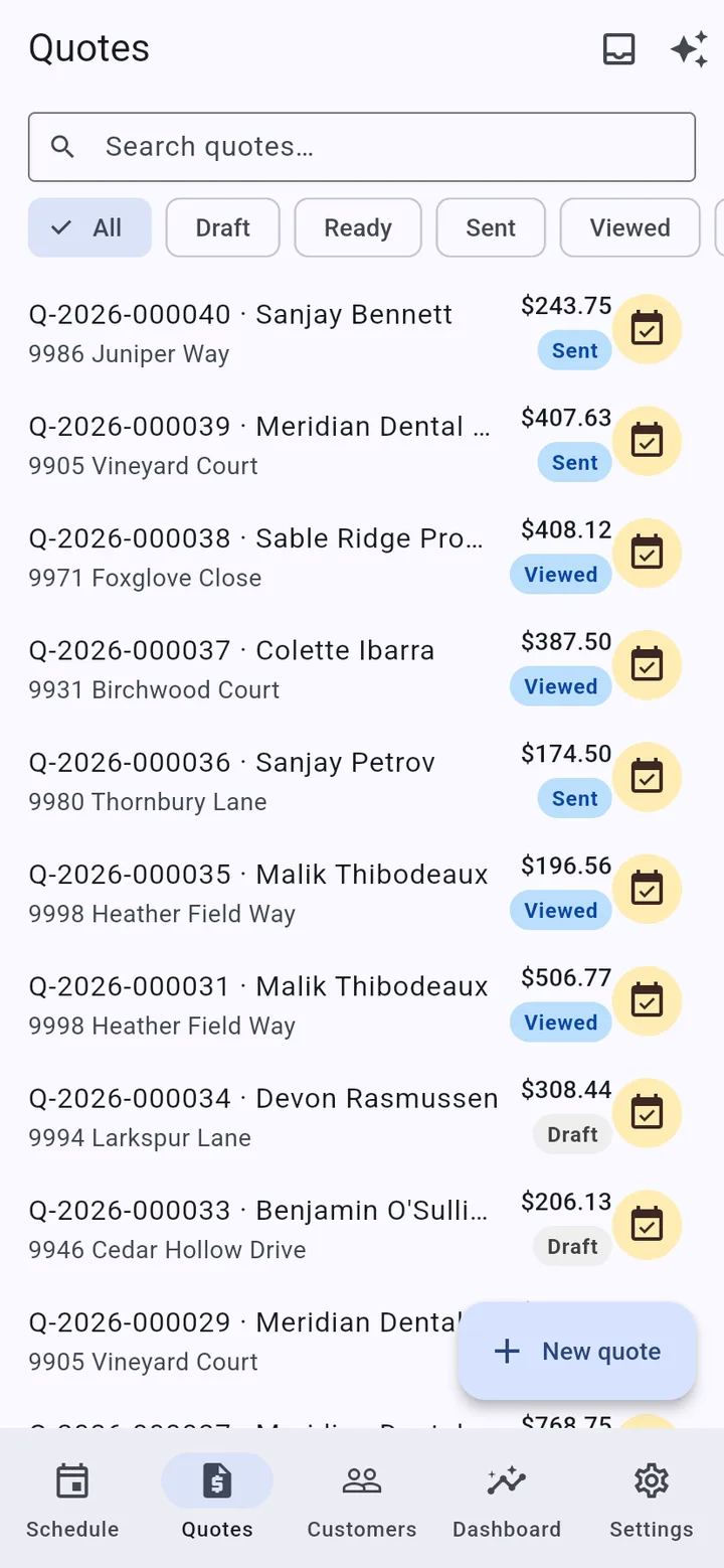 The quotes list in the mobile app, with search, status filters and quote rows showing number, customer, address and total