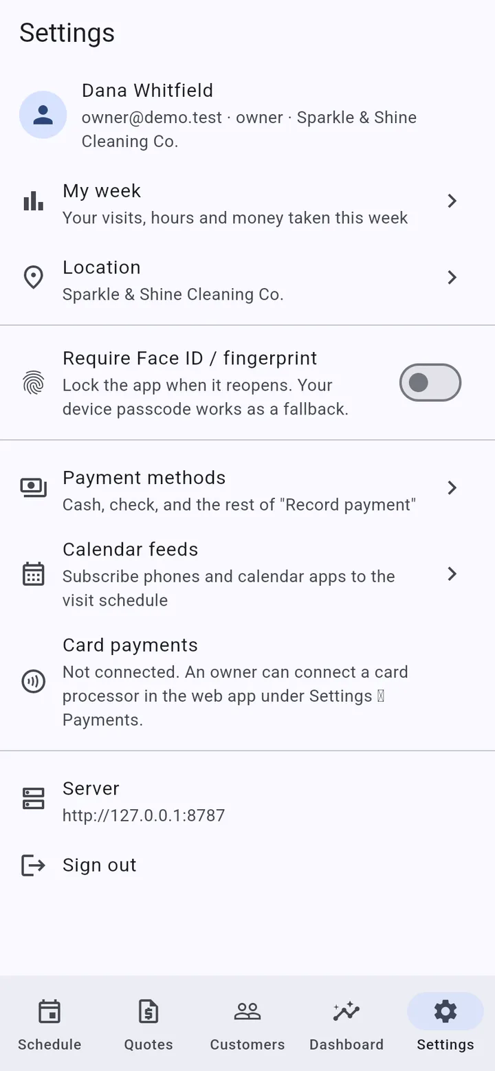 The mobile app’s settings screen