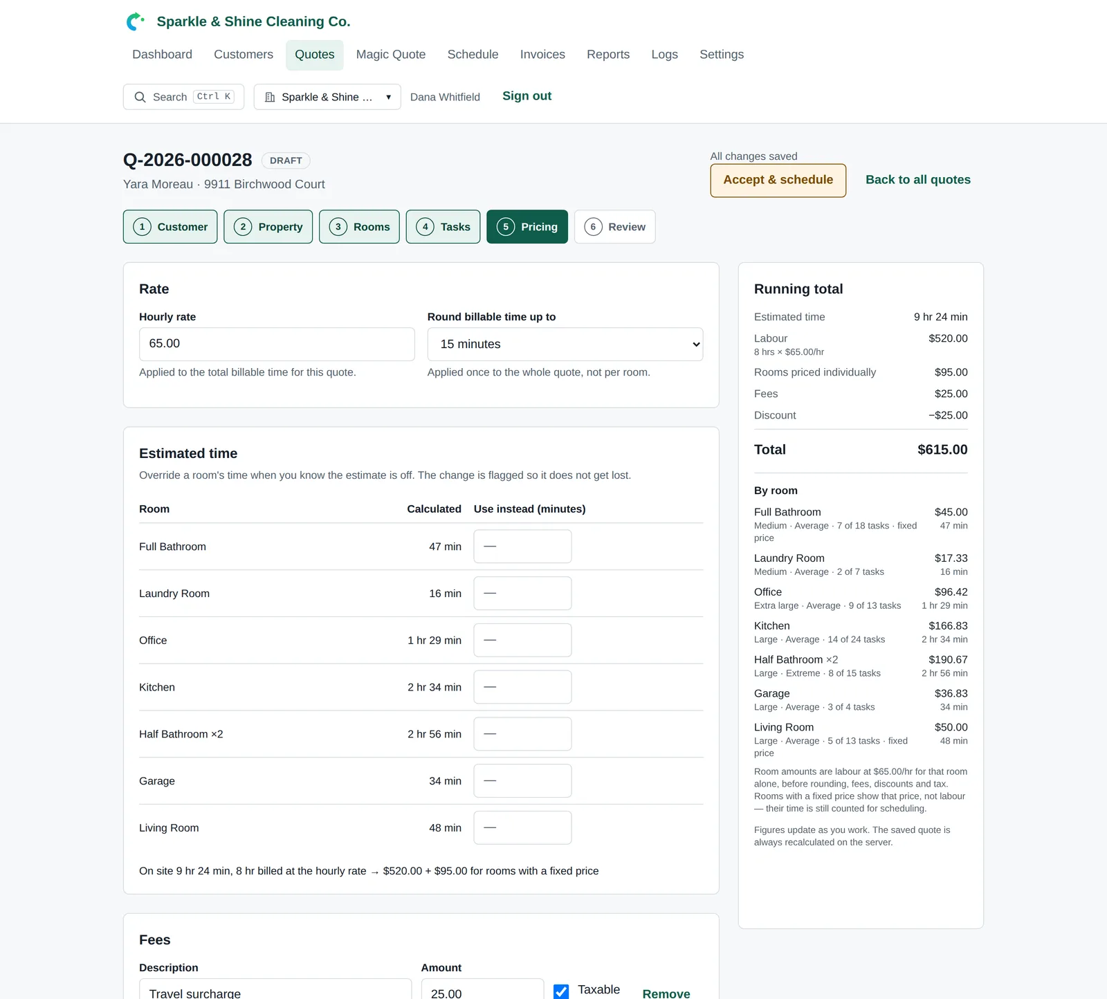 The Pricing step of the quote editor, with discount, fees, tax and hourly rate
