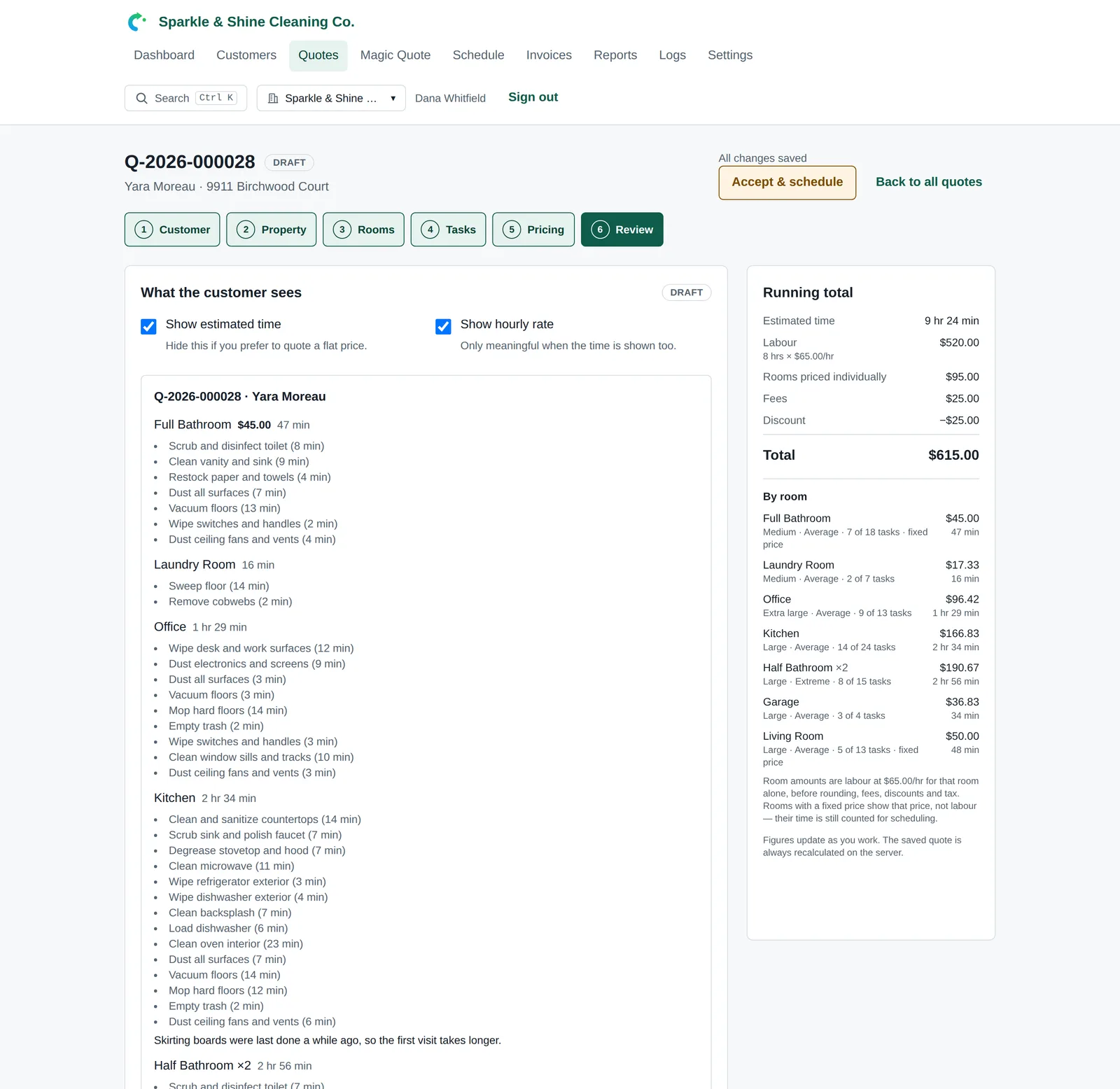 The Review step of the quote editor, showing the quote as the customer will see it