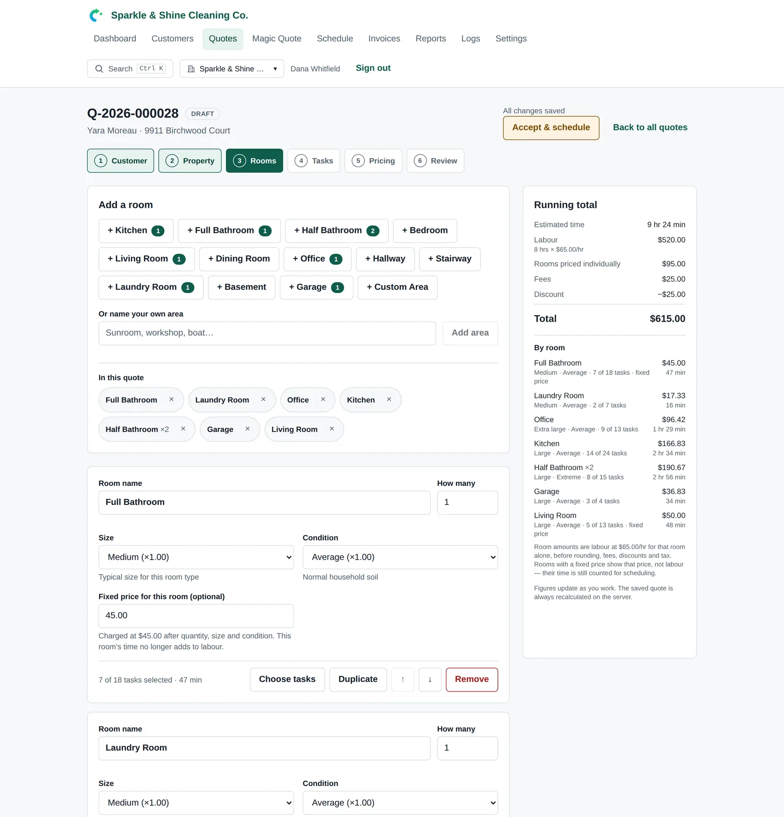 The Rooms step of the quote editor, with buttons to add each room type and a running total panel on the right