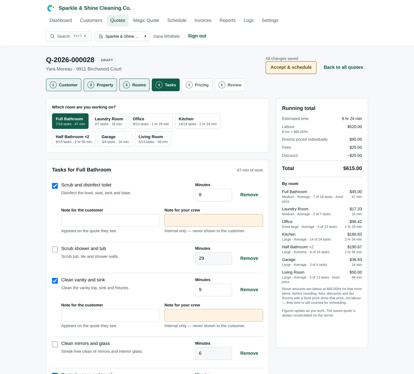 The Tasks step, showing tasks for the selected room with minutes and per-task notes