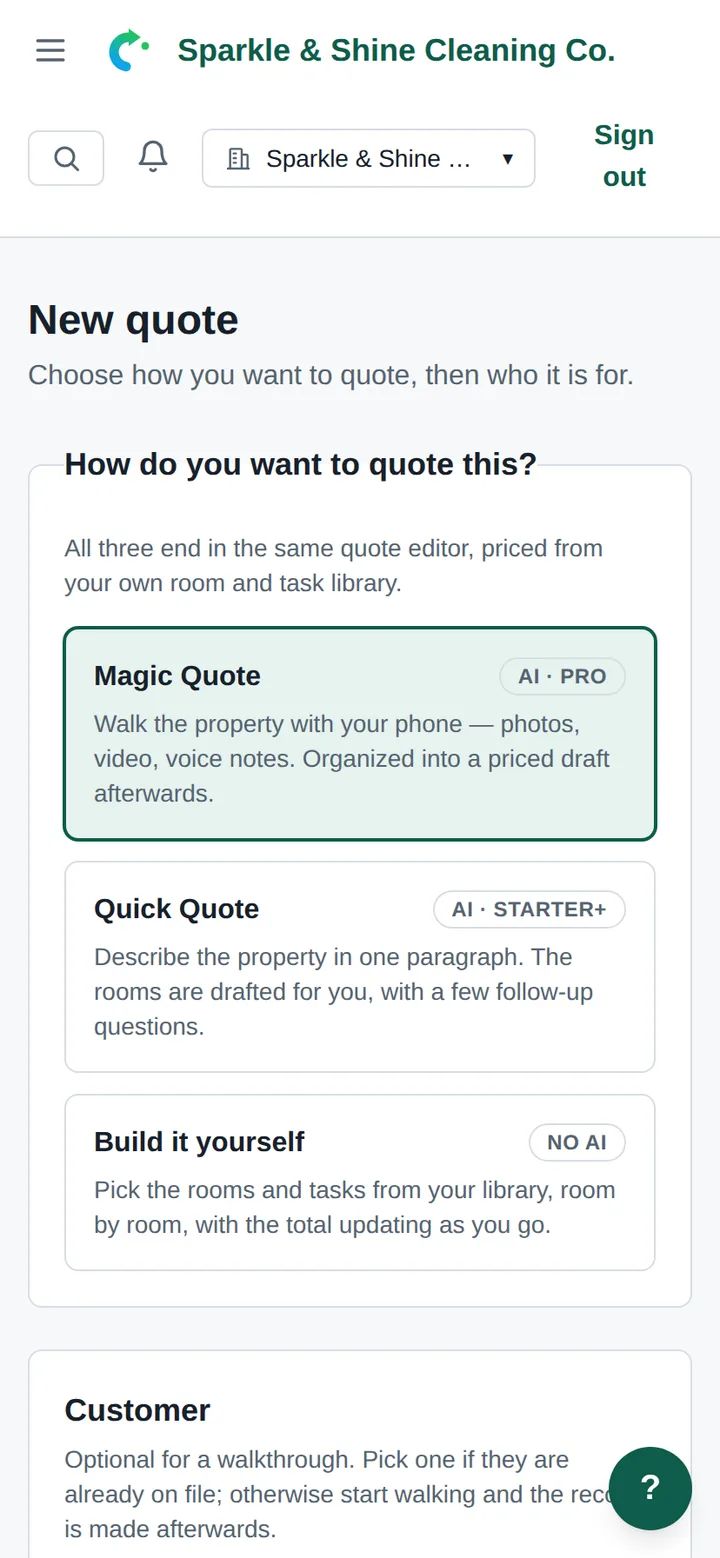 New quote on a phone with Magic Quote chosen, ready to start a walkthrough