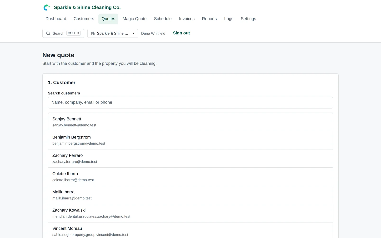 The new quote screen, choosing a customer and property