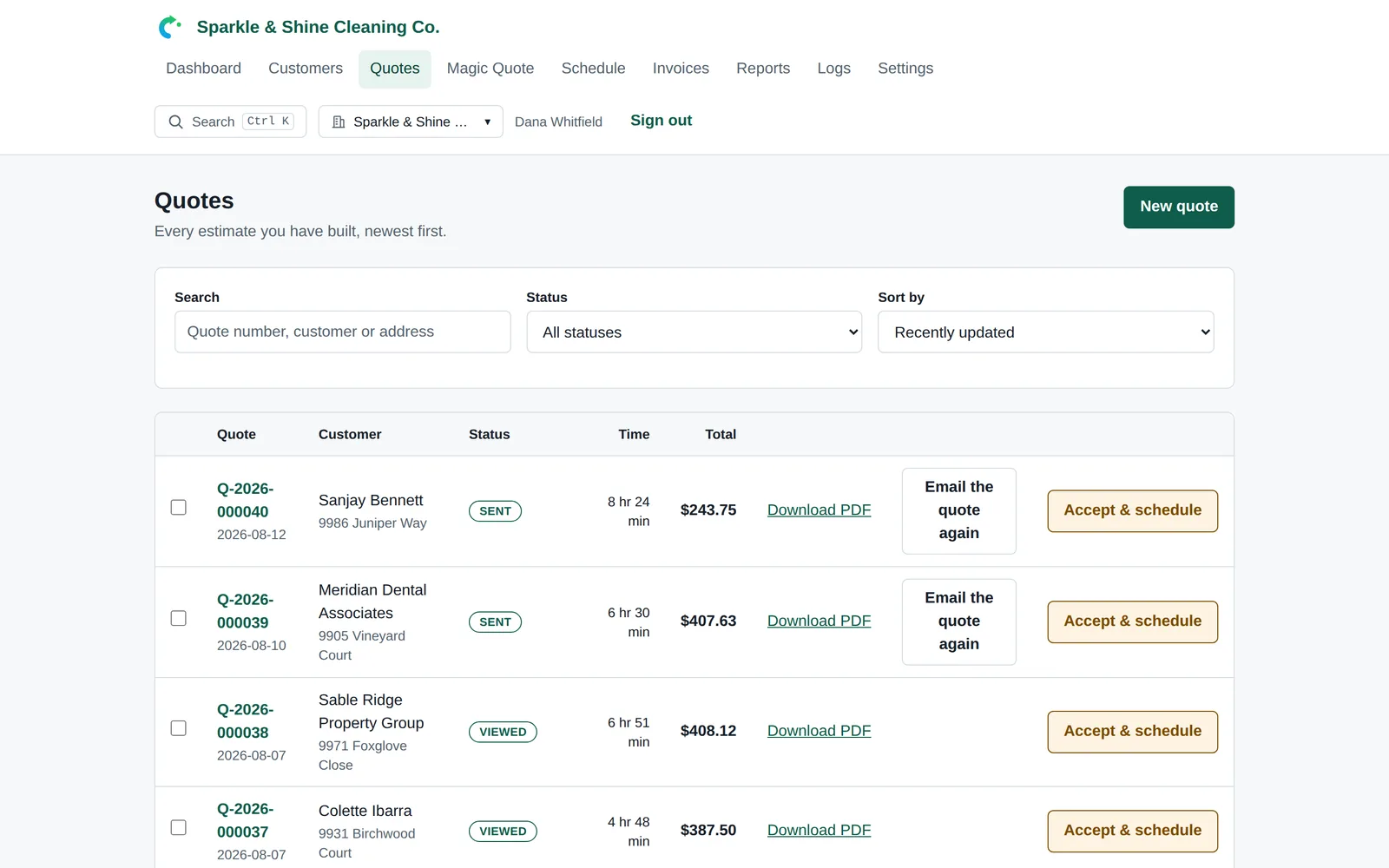 The quotes list, showing status, total and the actions available on each quote