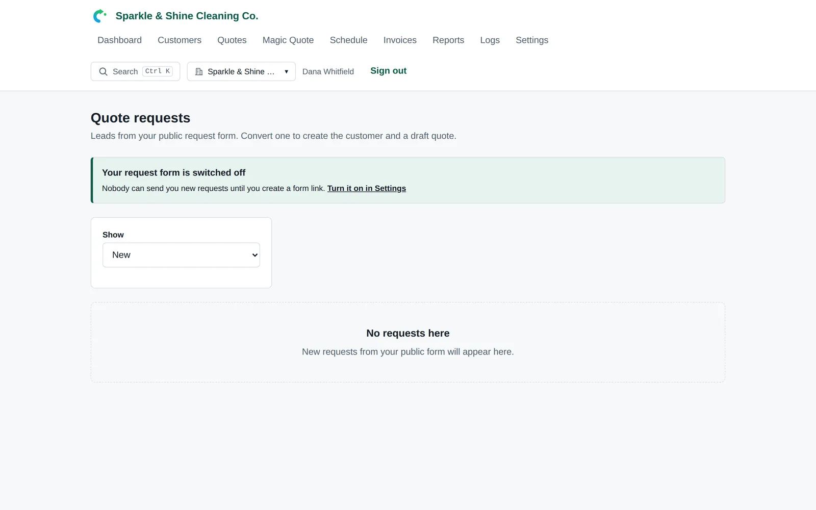 The quote requests inbox, listing incoming leads with their contact details and message