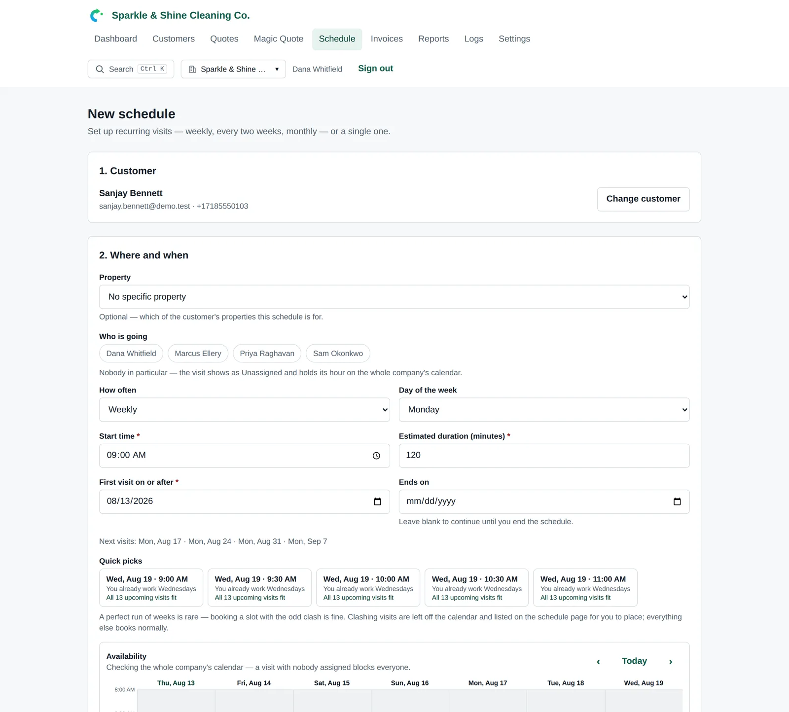 The new schedule form, with recurrence options and slot suggestions