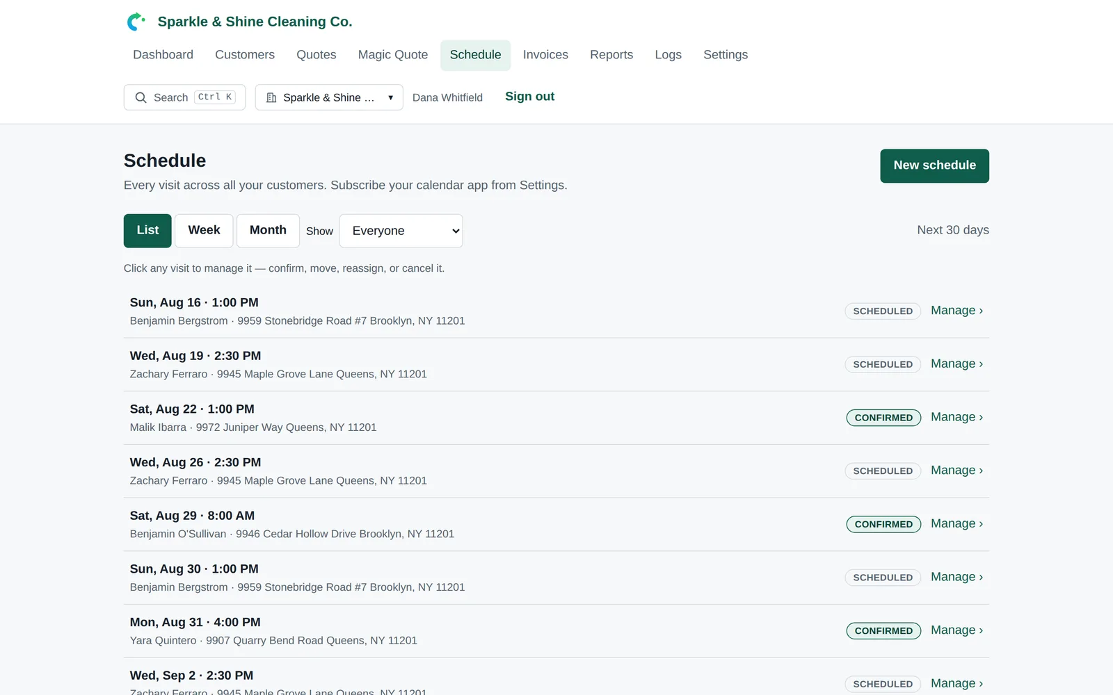 The week view of the schedule, with visits by day and their status