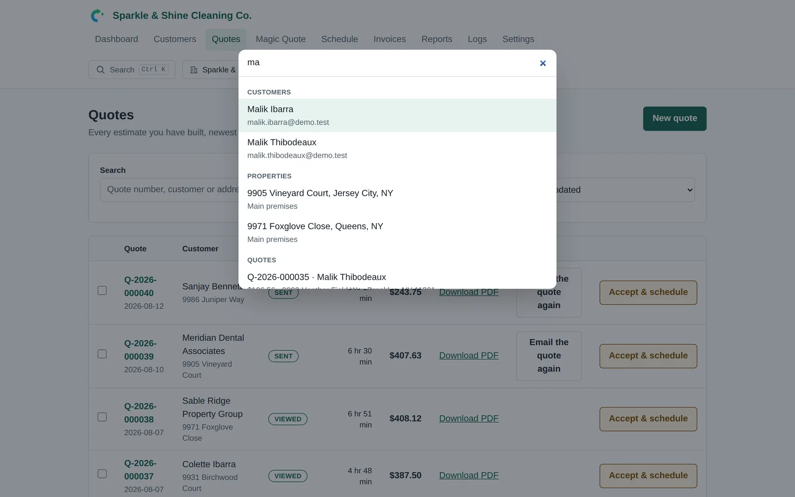 The search overlay open over the quotes list, with results grouped by type