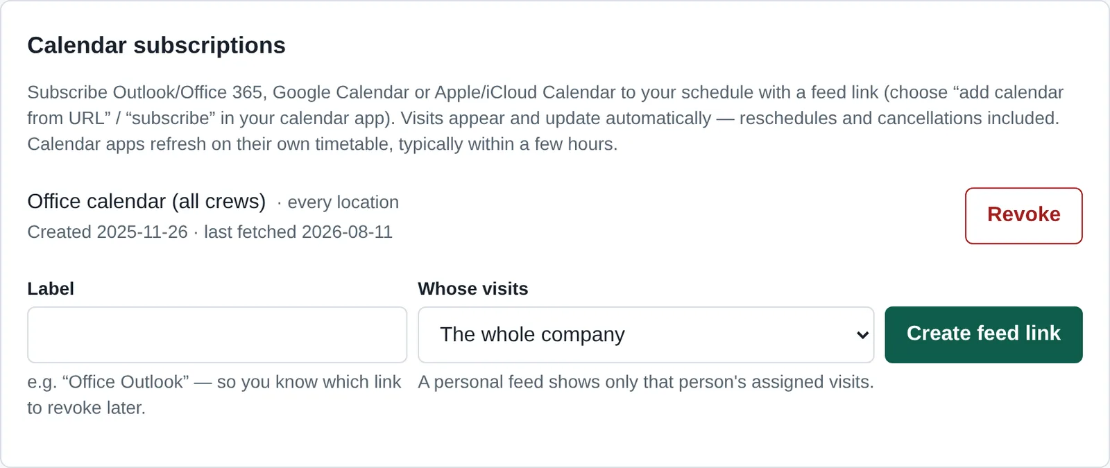 The calendar feeds section of Settings, with the feed URL shown once