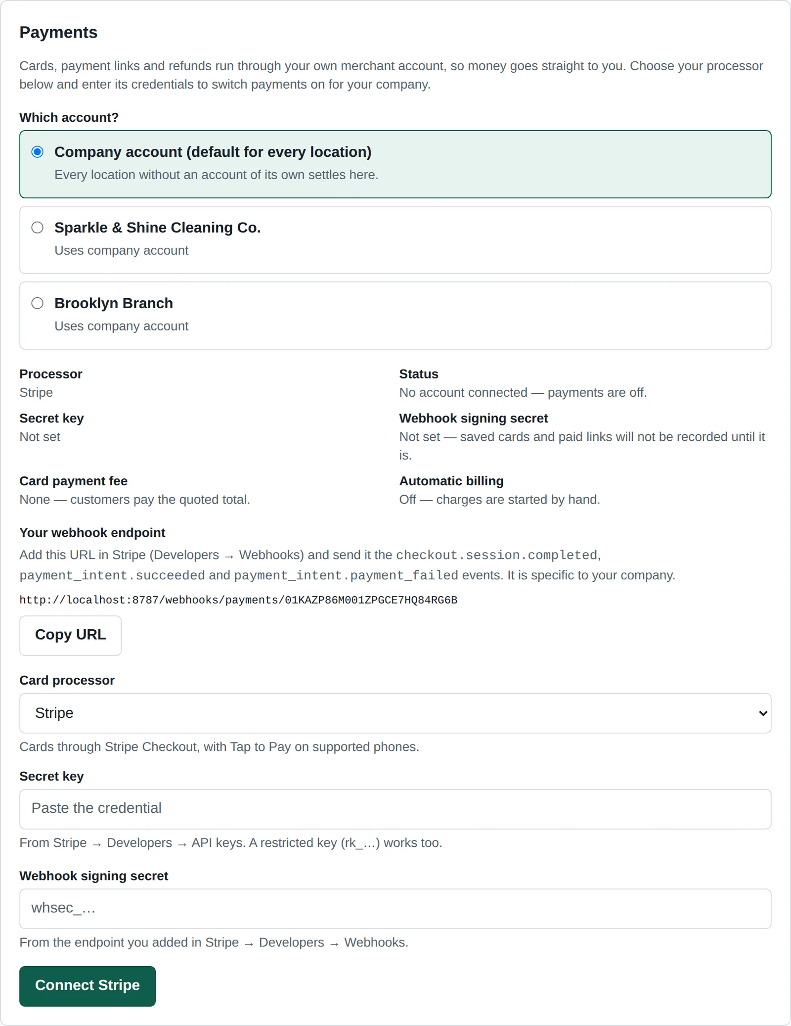 The payments section of Settings, showing the option to connect a Stripe account