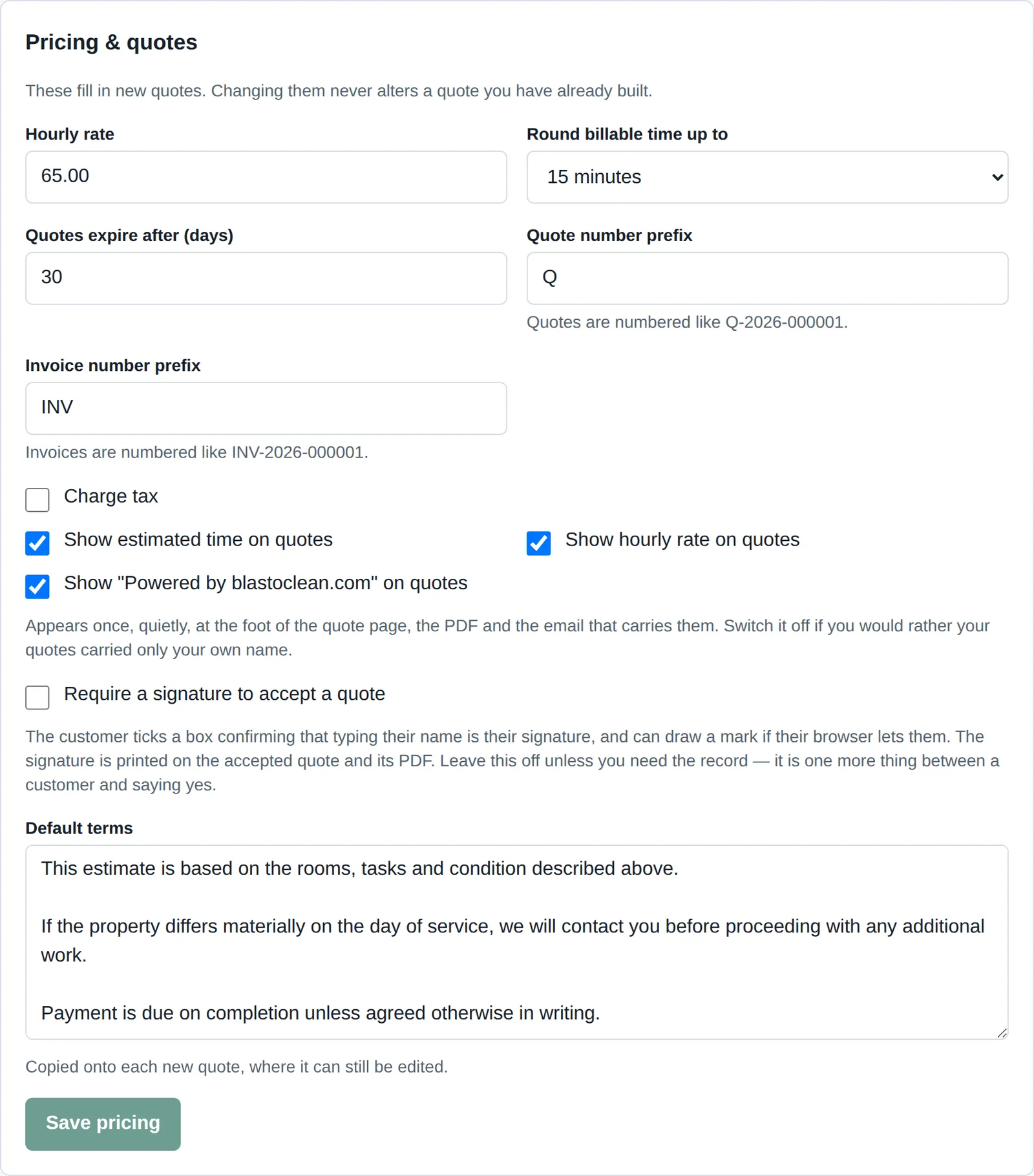 The pricing section of Settings, showing the default hourly rate, tax rate, quote expiry and quote number format
