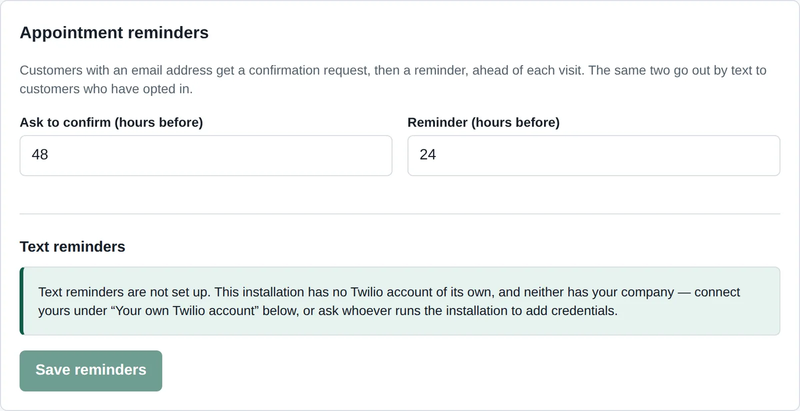 The reminders section of Settings, with timing options for confirmations and reminders