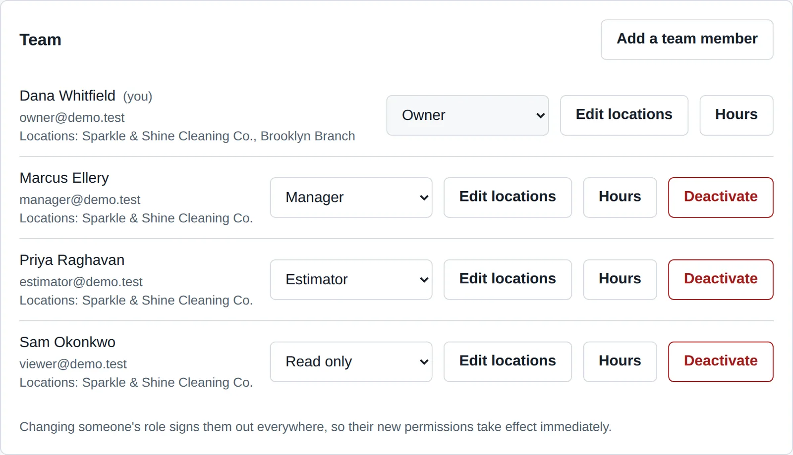 The team section of Settings, listing team members and their roles